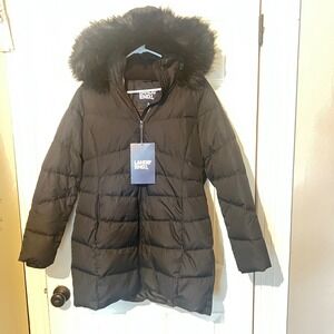 Lands End Womens Black Down Faux Fur Hooded Coat Parka Medium 10-12 NWT